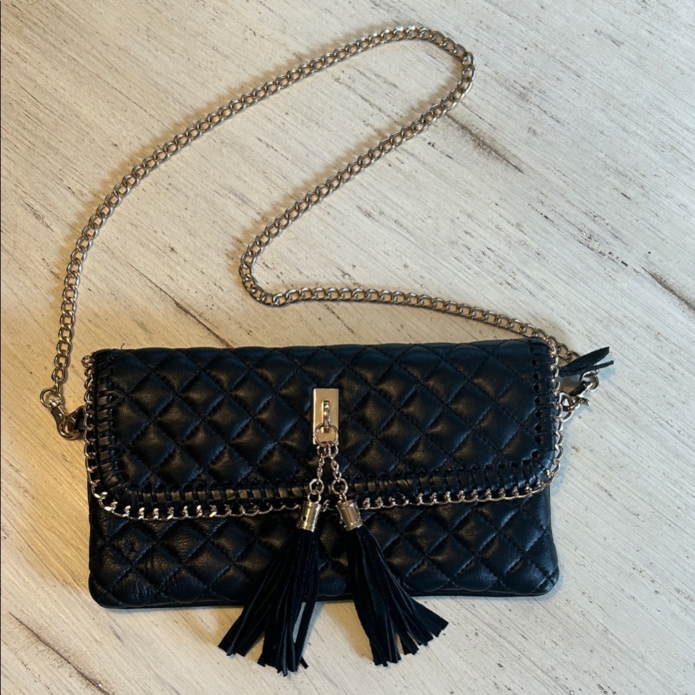 Sondra Roberts Black Quilted Clutch with Gold Chain